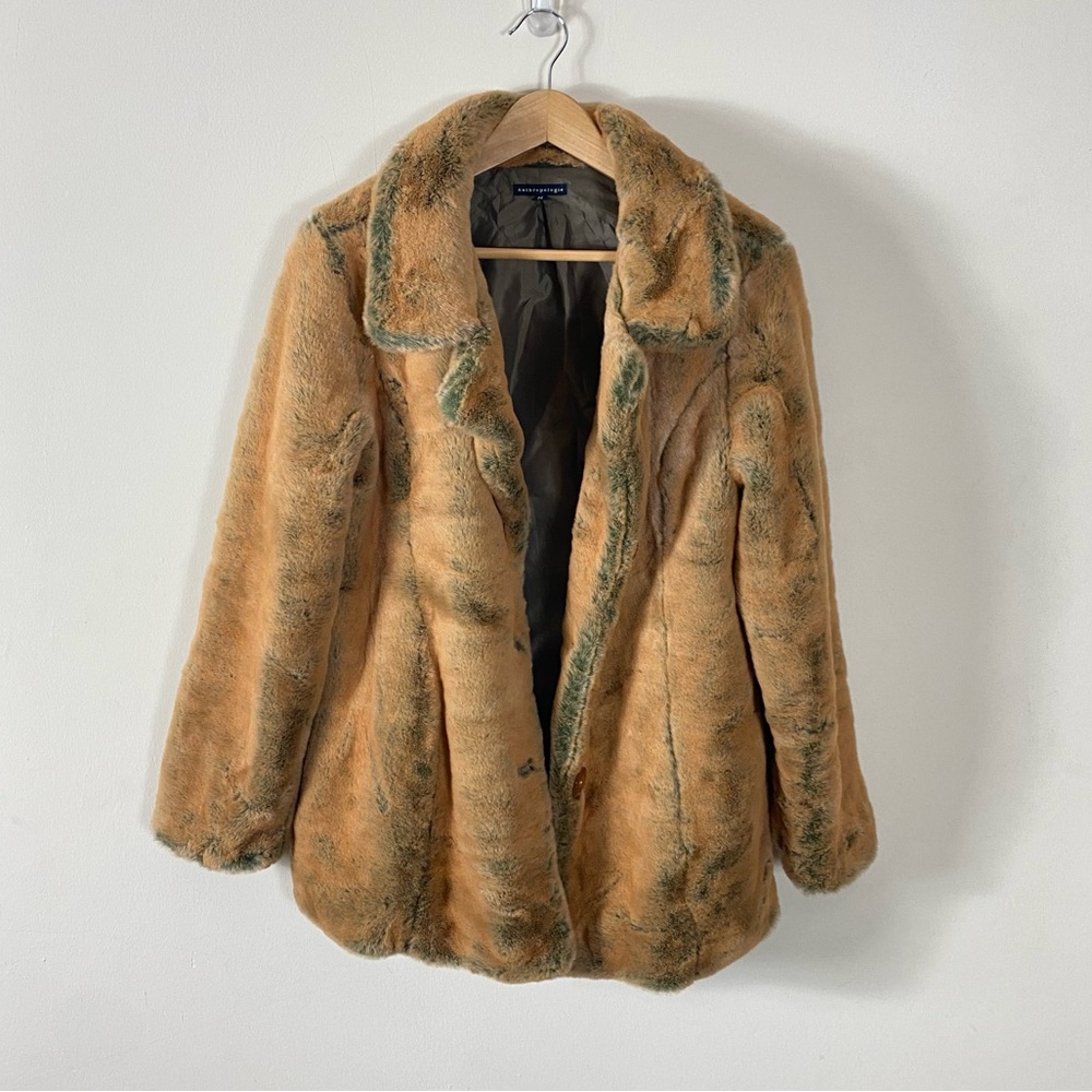 VINTAGE ANTHROPOLOGIE Oversized Faux Fur Coat Orange Brown with Gray hues - M - Picture 2 of 14